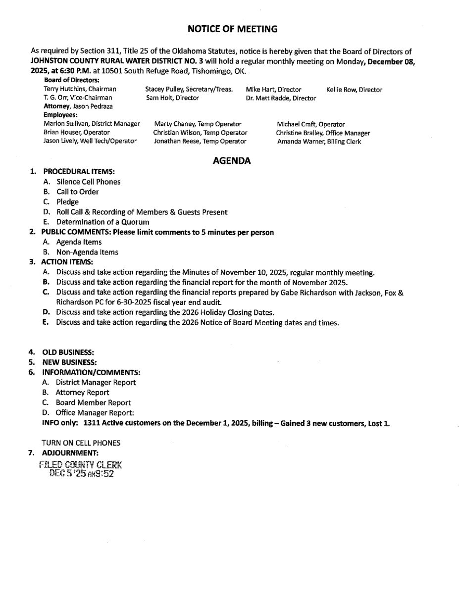Board Meeting Agenda 12-8-2025