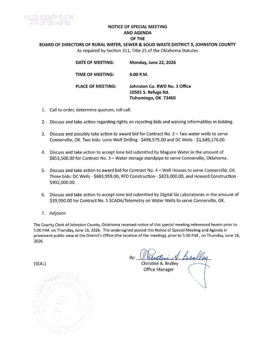 Special Meeting Agenda 6-22-2026