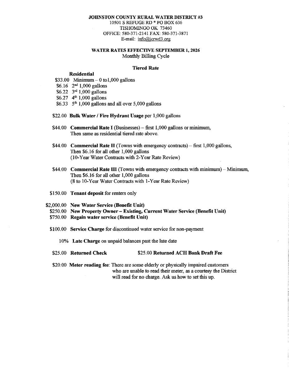 Water Rates Effective Sept. 1, 2026